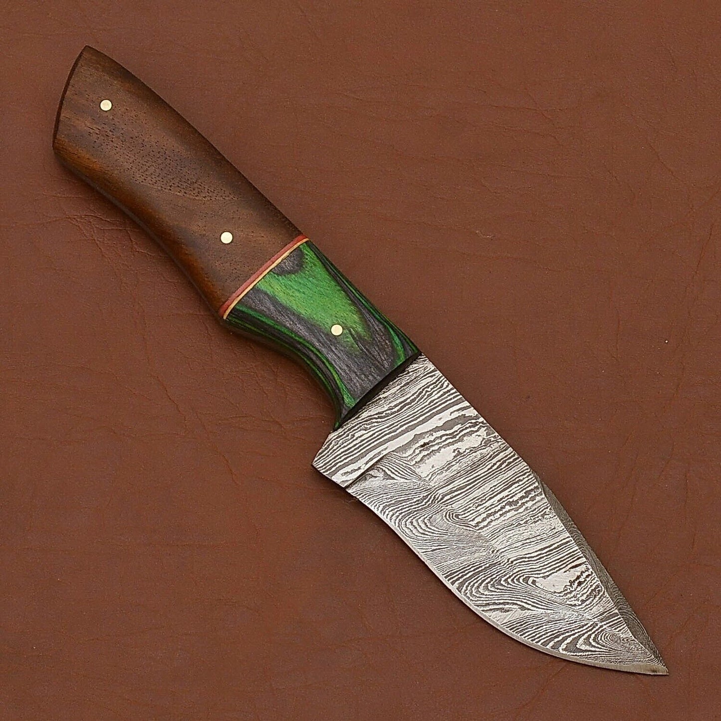 Twist Damascus Skinner Knife with Wood Handle and Leather Sheath for Hunting and Camping