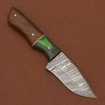Twist Damascus Skinner Knife with Wood Handle and Leather Sheath for Hunting and Camping