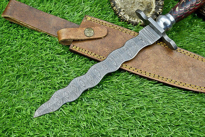 15" Kris Damascus Bowie Knife – Pakka Wood Handle & Steel Bolster