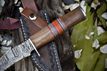 9.5 Inch Custom Handmade Twist Damascus Steel Hunting Skinner Knife Walnut Wood Handle with Leather Sheath