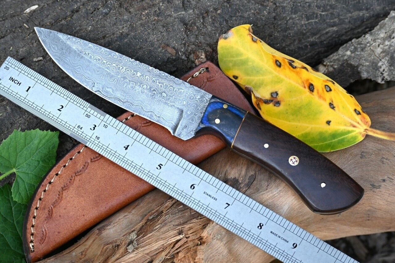 9" Handmade Damascus Steel Skinner Knife – Twist Pattern Blade with Leather Sheath