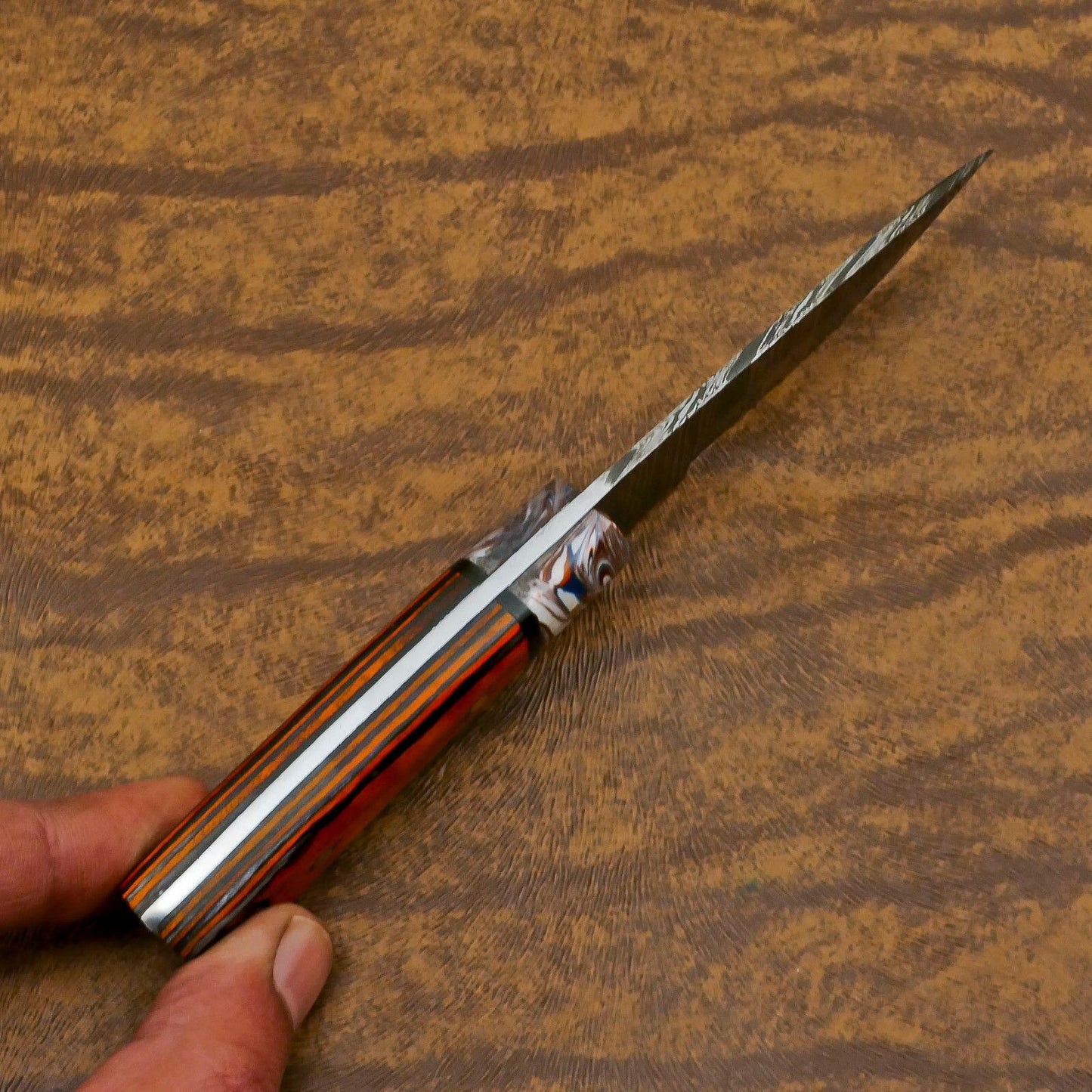 Handmade Damascus Skinner Hunting Knife with Resin and Wood Handle – Custom Fixed Blade