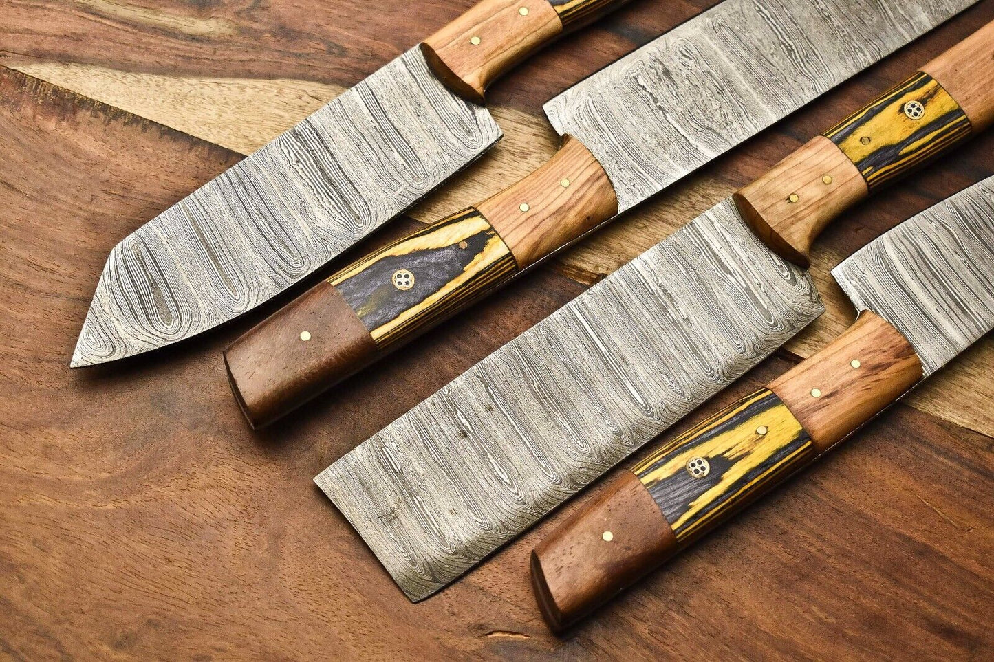 Lot of 4 Handmade Damascus Steel Chef Knife Set | Hardwood Handles | Full Tang Kitchen Knives
