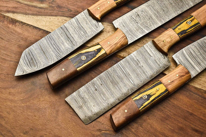 Lot of 4 Handmade Damascus Steel Chef Knife Set | Hardwood Handles | Full Tang Kitchen Knives