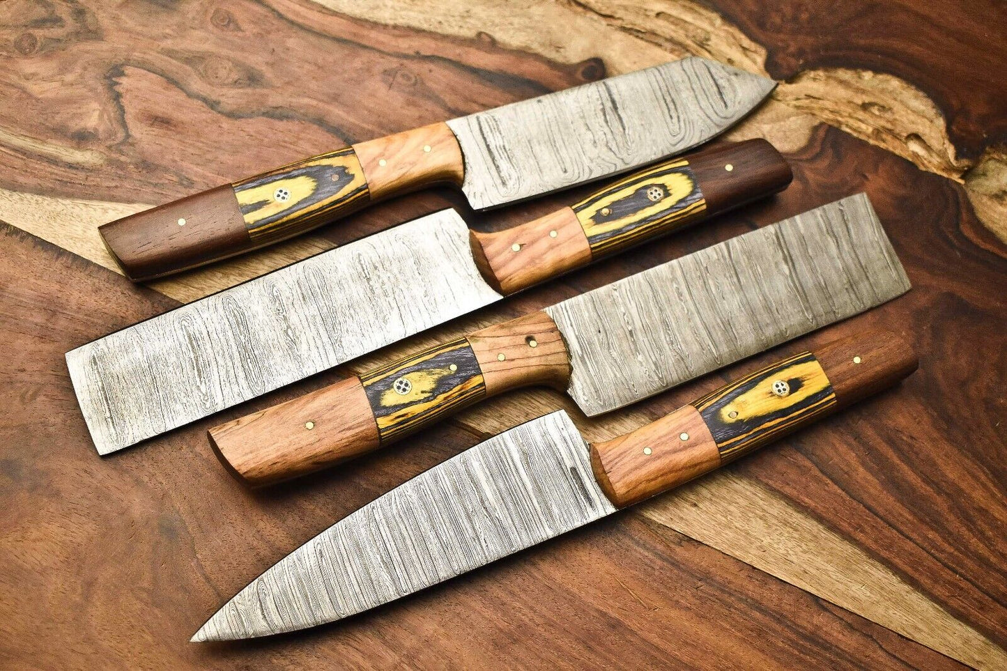 Lot of 4 Handmade Damascus Steel Chef Knife Set | Hardwood Handles | Full Tang Kitchen Knives
