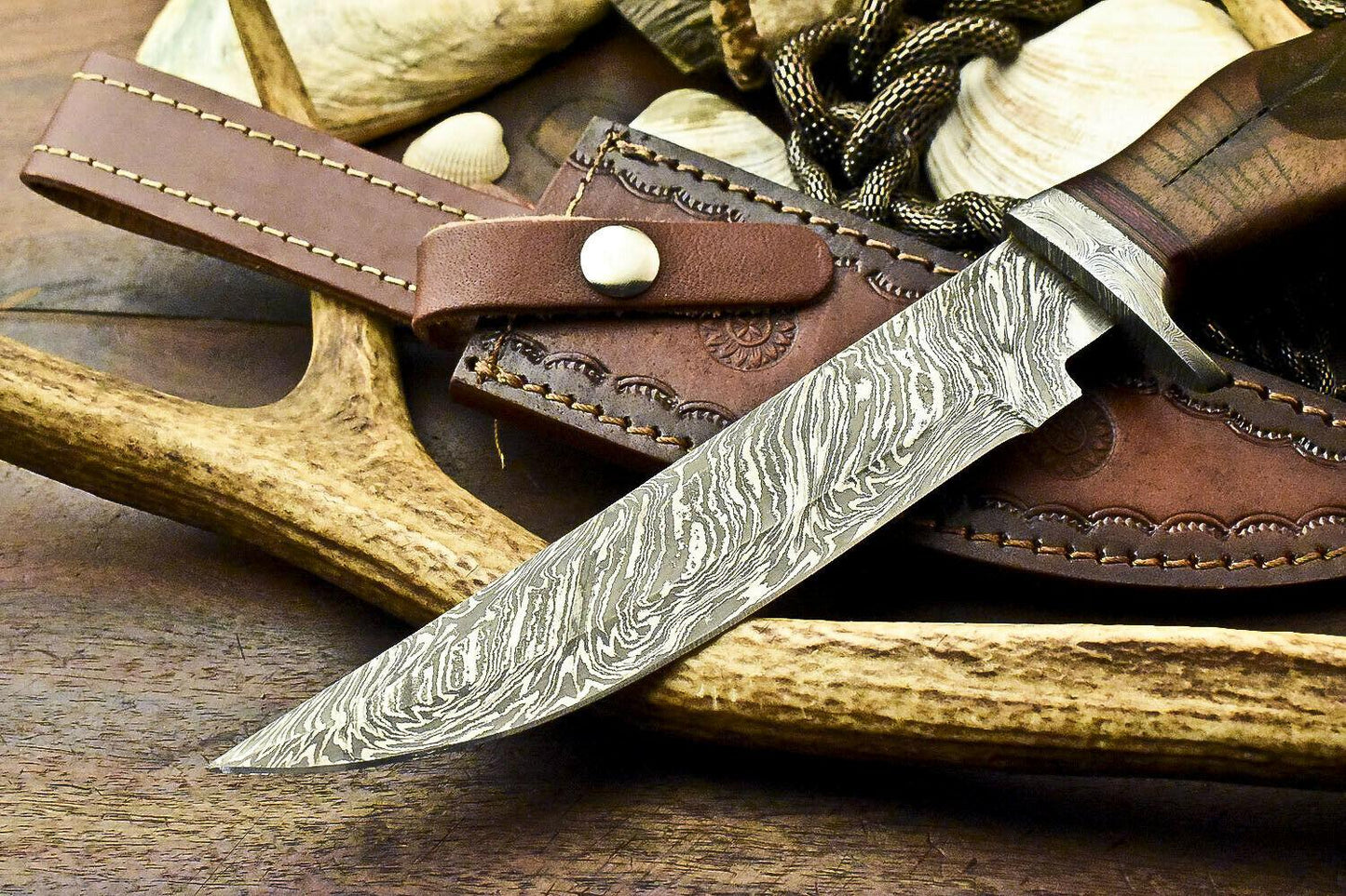 12" Handmade Damascus Steel Bowie Knife with Walnut Wood Handle & Leather Sheath