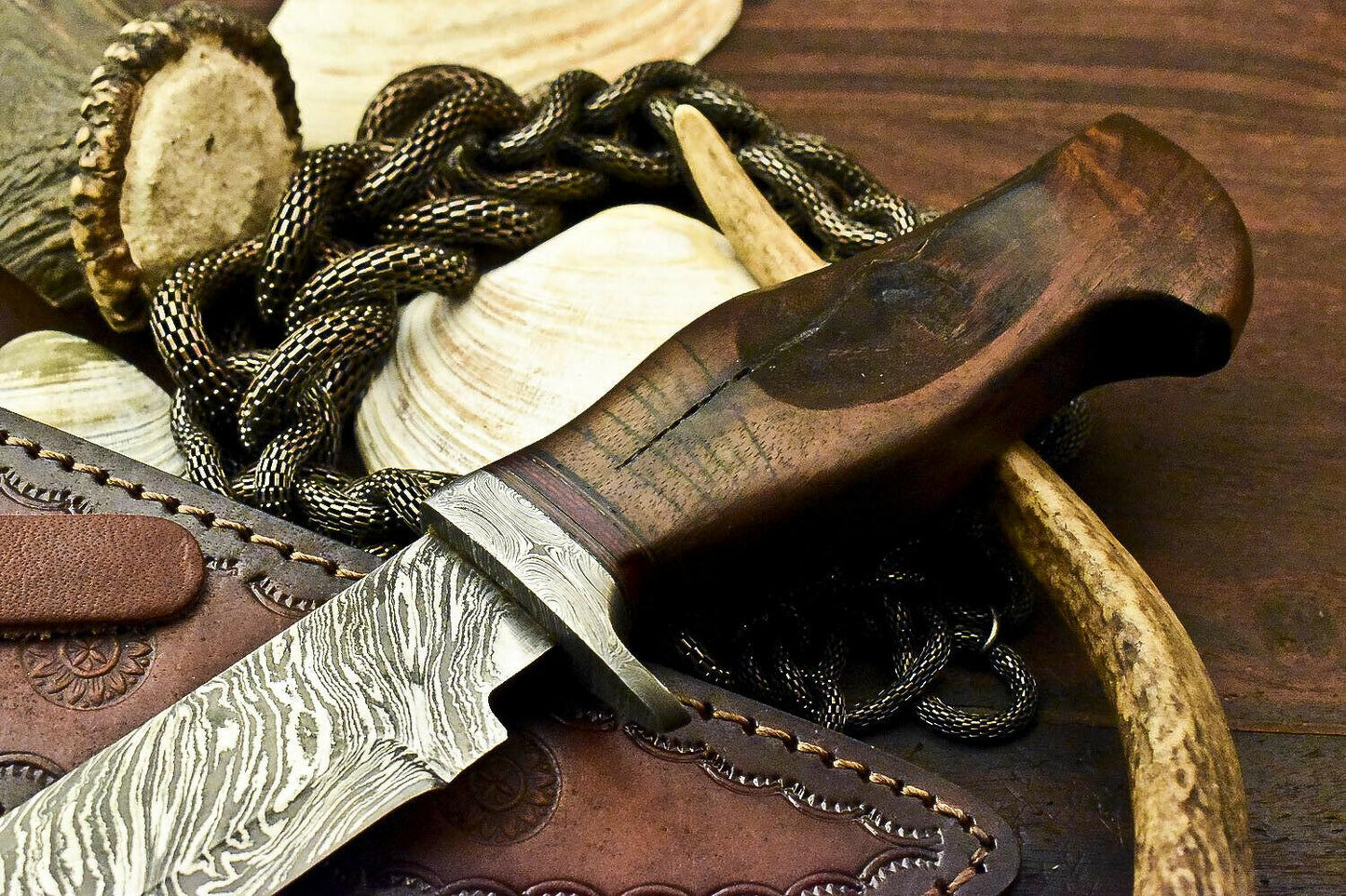 12" Handmade Damascus Steel Bowie Knife with Walnut Wood Handle & Leather Sheath