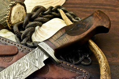 12" Handmade Damascus Steel Bowie Knife with Walnut Wood Handle & Leather Sheath