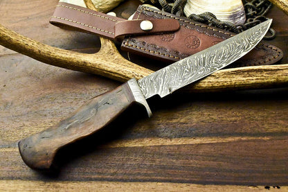12" Handmade Damascus Steel Bowie Knife with Walnut Wood Handle & Leather Sheath