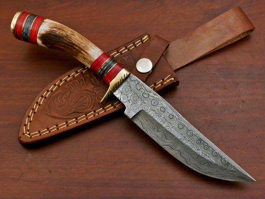 Handmade Damascus Bowie Hunting Knife – Stag Antler & Wood Handle with Brass Guard