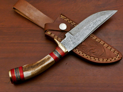 Handmade Damascus Stag Antler Bowie Hunting Knife – Brass Guard – 12"