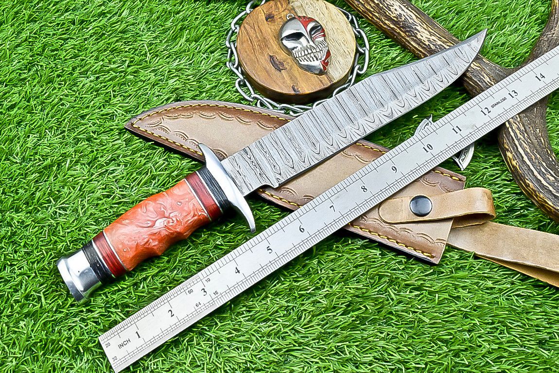 14 Inch Handmade Damascus Steel Bowie Knife with Resin Handle for Outdoor Hunting