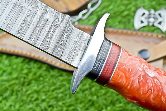 14 Inch Handmade Damascus Steel Bowie Knife with Resin Handle for Outdoor Hunting