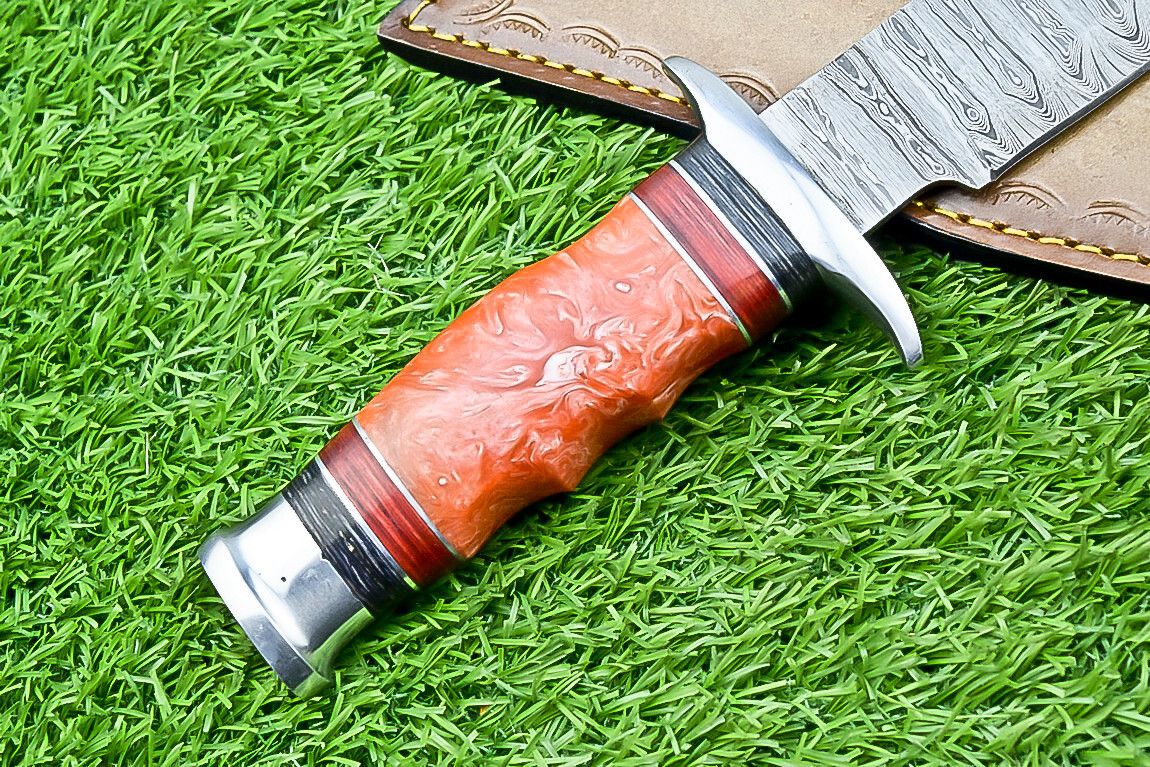 14 Inch Handmade Damascus Steel Bowie Knife with Resin Handle for Outdoor Hunting