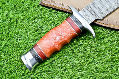 14 Inch Handmade Damascus Steel Bowie Knife with Resin Handle for Outdoor Hunting