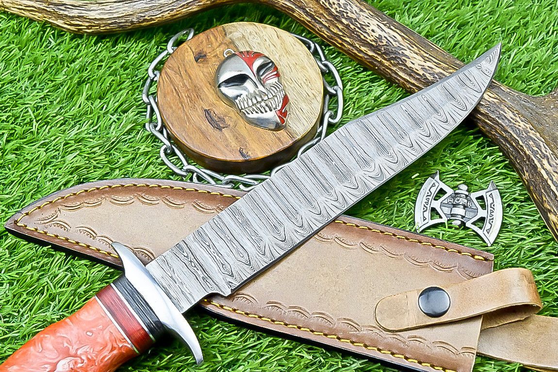 14 Inch Handmade Damascus Steel Bowie Knife with Resin Handle for Outdoor Hunting