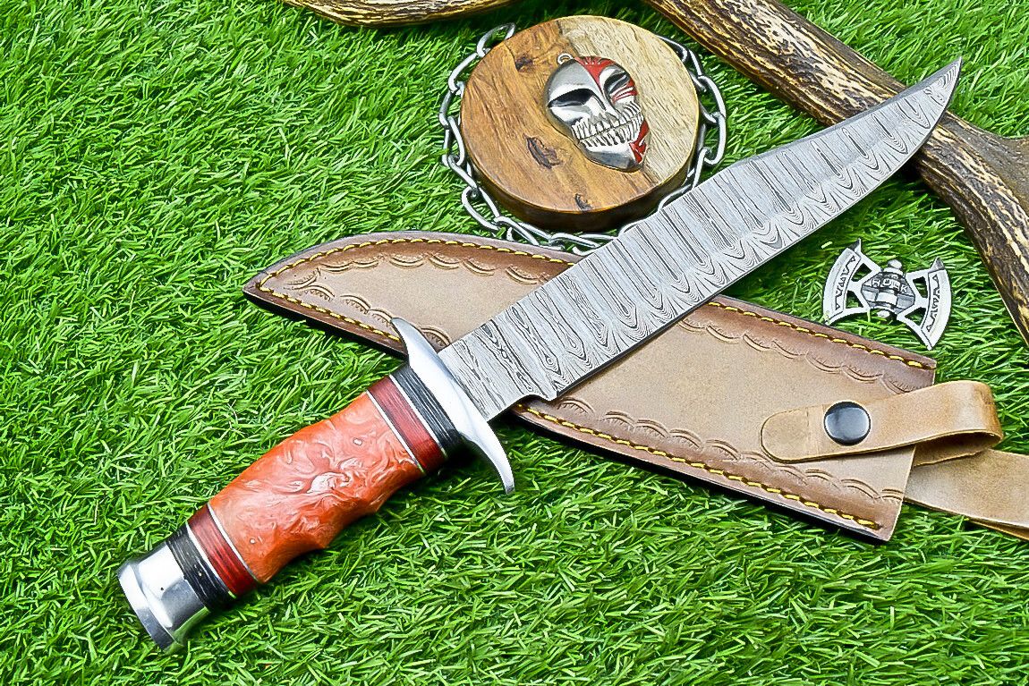 14 Inch Handmade Damascus Steel Bowie Knife with Resin Handle for Outdoor Hunting