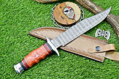 14 Inch Handmade Damascus Steel Bowie Knife with Resin Handle for Outdoor Hunting