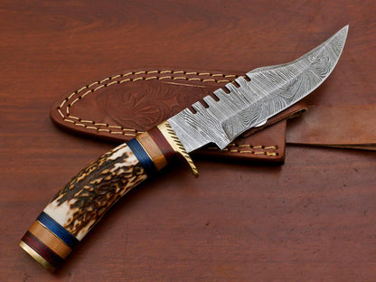 Handmade Damascus Bowie Knife – Stag Antler & Wood Handle (10")