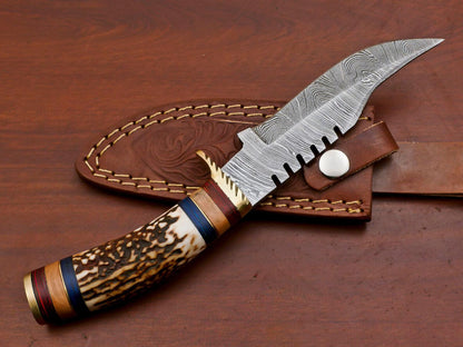 Handmade Damascus Bowie Knife – Stag Antler & Wood Handle (10")
