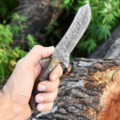 Damascus Steel Bull Cutter Knife Custom Handmade Hunting Bull Knife with Ram Horn Handle