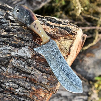 Damascus Steel Bull Cutter Knife Custom Handmade Hunting Bull Knife with Ram Horn Handle