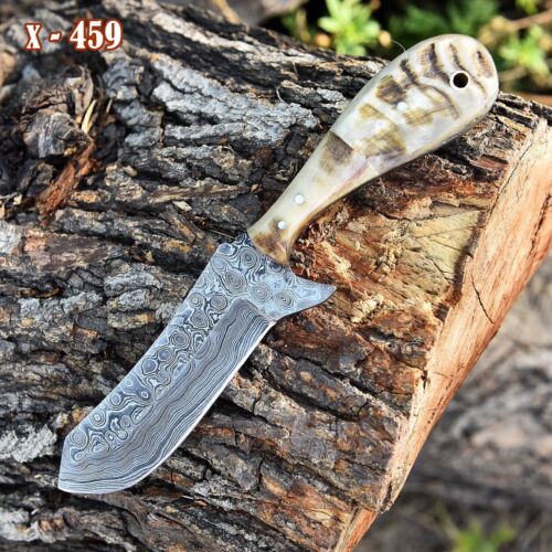 Damascus Steel Bull Cutter Knife Custom Handmade Hunting Bull Knife with Ram Horn Handle