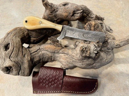Handmade 8" Damascus Steel Bull Cutter Knife Cowboy Bull Cutter Knife with Bone Handle