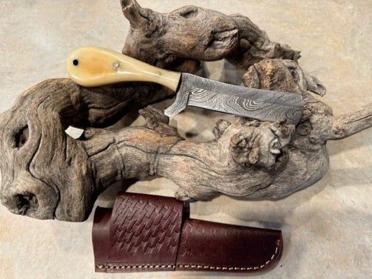 Handmade 8" Damascus Steel Bull Cutter Knife Cowboy Bull Cutter Knife with Bone Handle