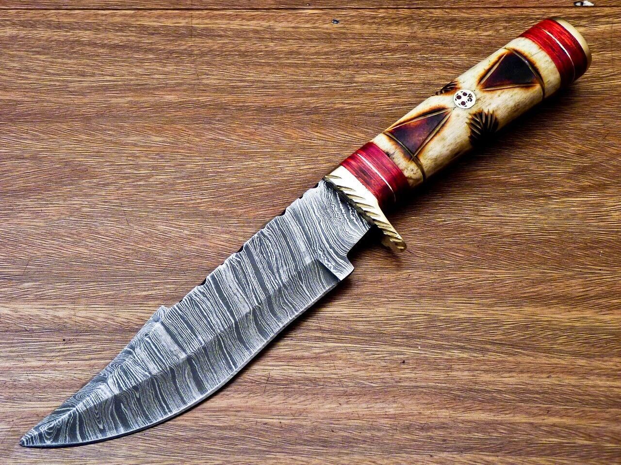 10" Handmade Damascus Steel Bowie Hunting Knife – Engraved Camel Bone & Wood Handle