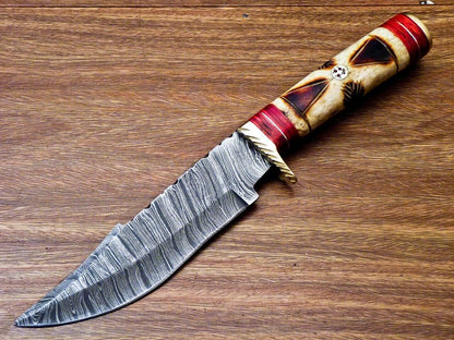 10" Handmade Damascus Steel Bowie Hunting Knife – Engraved Camel Bone & Wood Handle