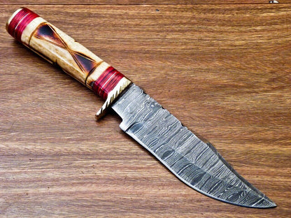 10" Handmade Damascus Steel Bowie Hunting Knife – Engraved Camel Bone & Wood Handle