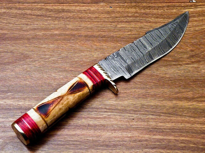 10" Handmade Damascus Steel Bowie Hunting Knife – Engraved Camel Bone & Wood Handle