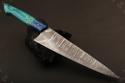 13.5" Custom Hand Forged Fire Damascus Steel Santoku Chef Knife – Stained Camel Bone & Wood Handle
