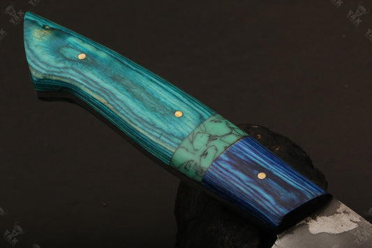 13.5" Custom Hand Forged Fire Damascus Steel Santoku Chef Knife – Stained Camel Bone & Wood Handle