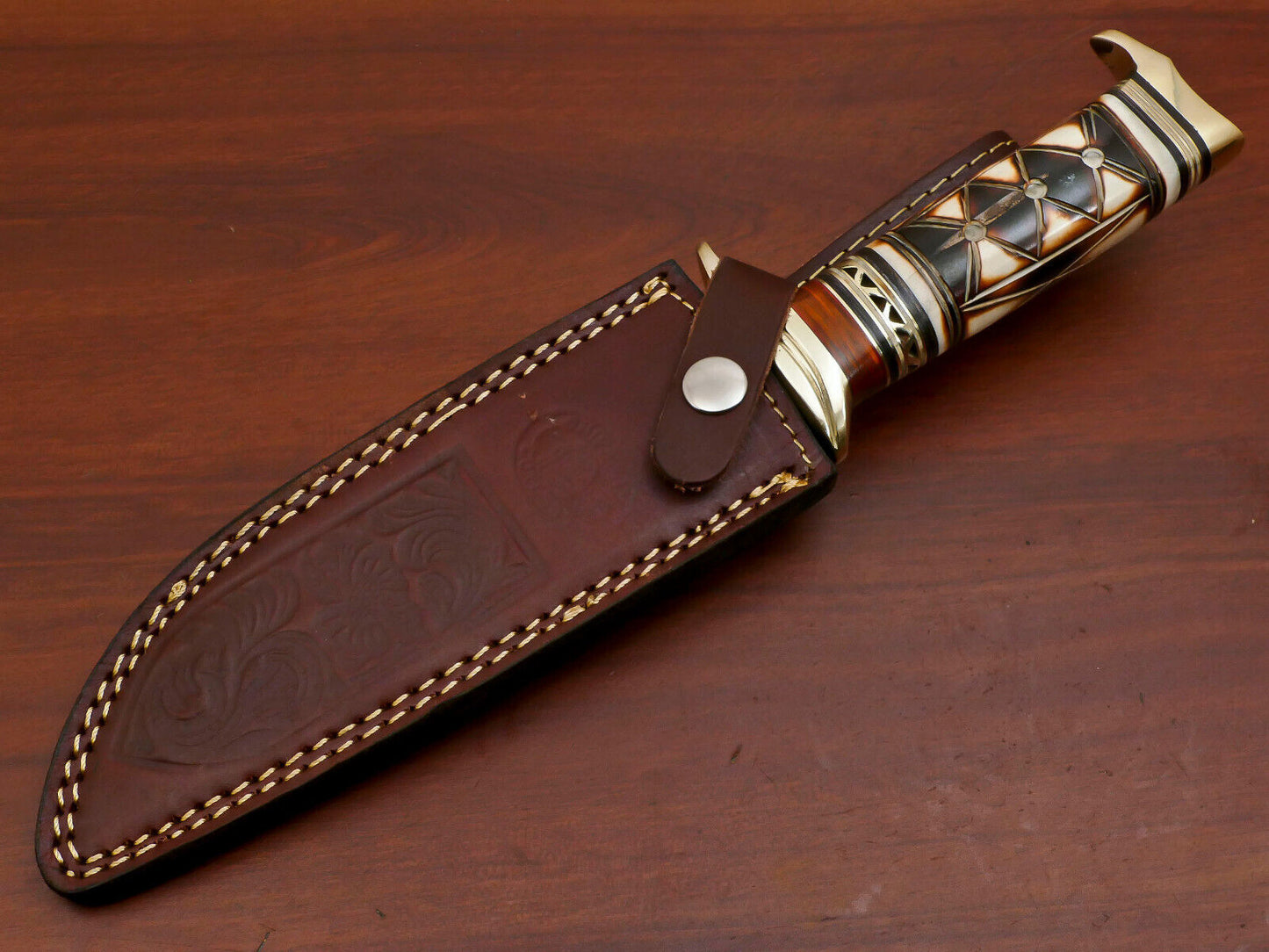 12" Damascus Bowie Knife with Burn Camel Bone & Pakka Wood Handle