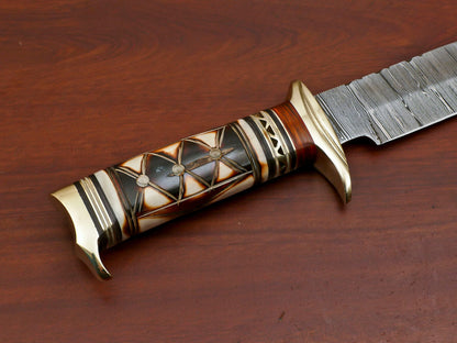 12" Damascus Bowie Knife with Burn Camel Bone & Pakka Wood Handle