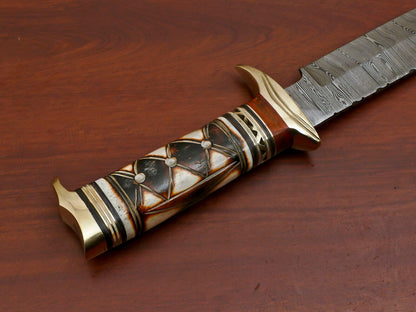 12" Damascus Bowie Knife with Burn Camel Bone & Pakka Wood Handle