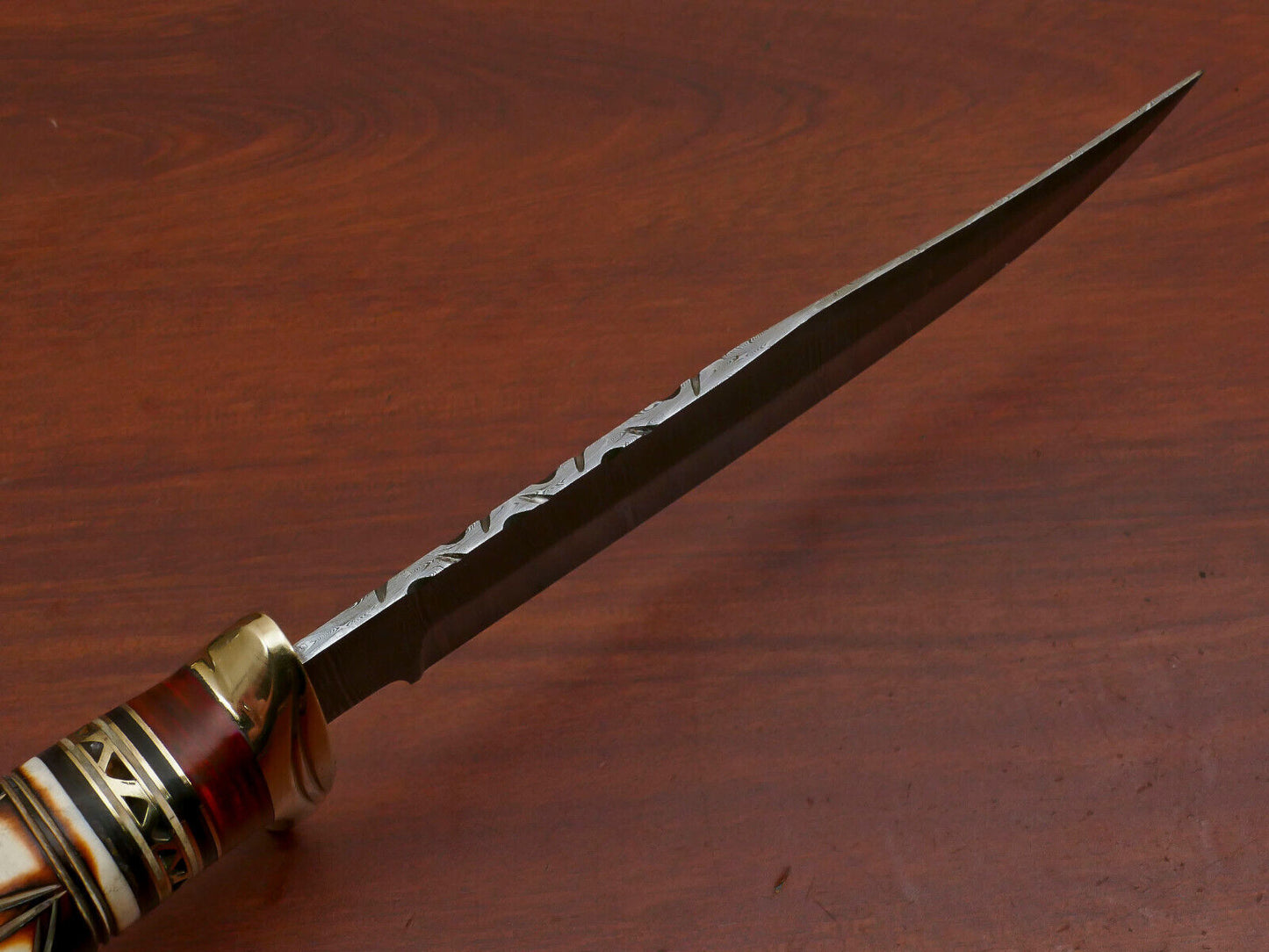 12" Damascus Bowie Knife with Burn Camel Bone & Pakka Wood Handle