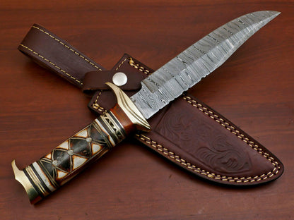 12" Damascus Bowie Knife with Burn Camel Bone & Pakka Wood Handle