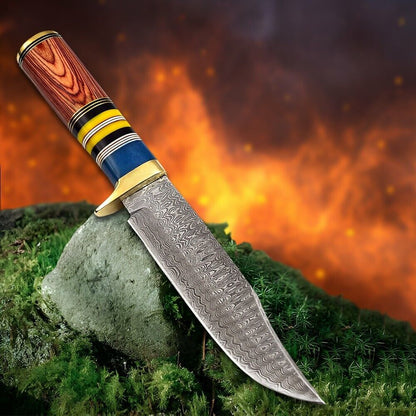 Heritage Forge Damascus Steel Full Tang Bowie Hunting Knife with Wood Handle and Leather Sheath