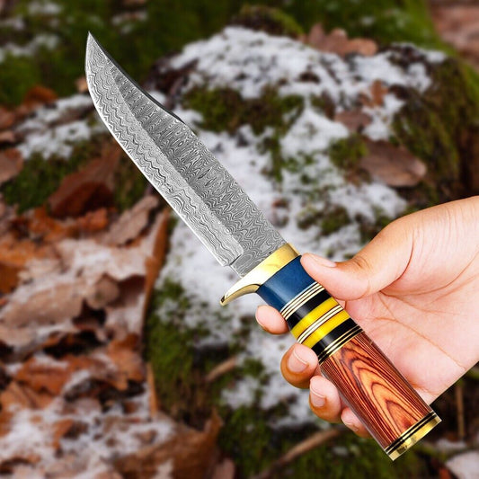 Heritage Forge Damascus Steel Full Tang Bowie Hunting Knife with Wood Handle and Leather Sheath