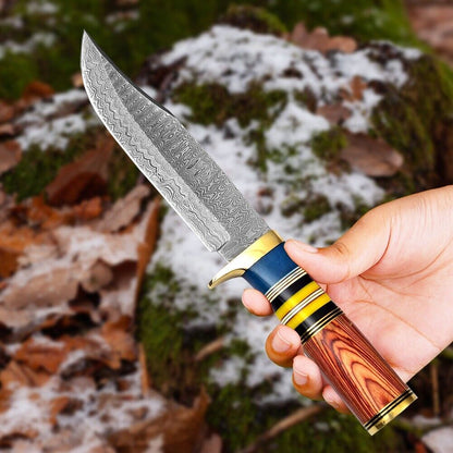 Heritage Forge Damascus Steel Full Tang Bowie Hunting Knife with Wood Handle and Leather Sheath