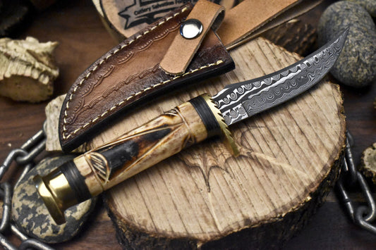 Custom Hunting Skinner Knife Rain Drop Damascus Bone Survival Knife w/ Leather Sheath Handmade Rare