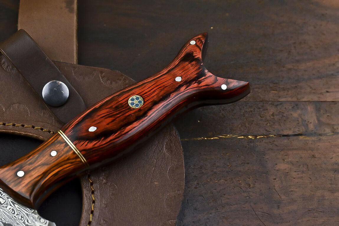 Hand Forged Damascus Steel Hard Wood Hunting Clever Chopper Axe Knife with Leather Sheath