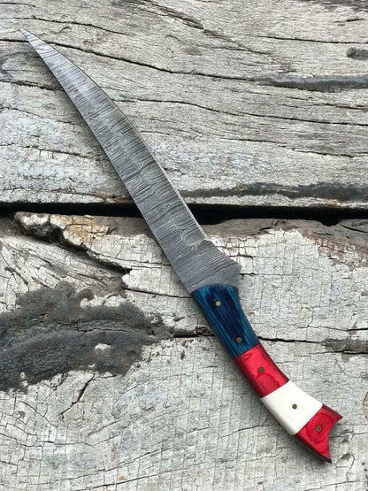 13" CUSTOM HANDMADE DAMASCUS STEEL FILLET KNIFE Damascus Fillet Knife With Sheath