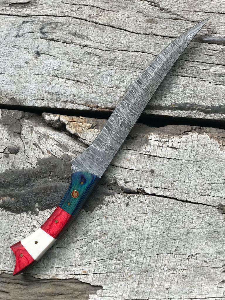 13" CUSTOM HANDMADE DAMASCUS STEEL FILLET KNIFE Damascus Fillet Knife With Sheath
