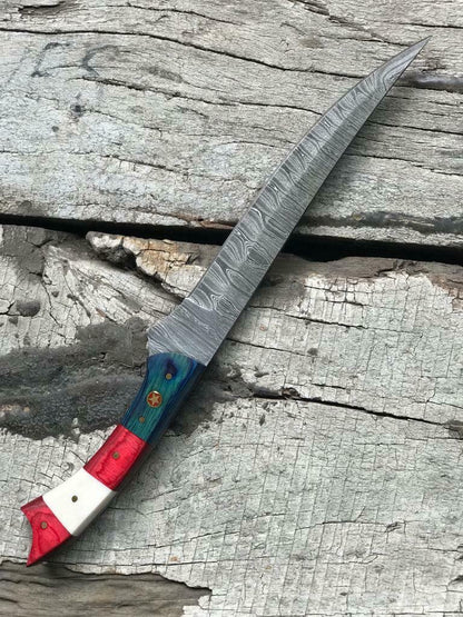 13" CUSTOM HANDMADE DAMASCUS STEEL FILLET KNIFE Damascus Fillet Knife With Sheath