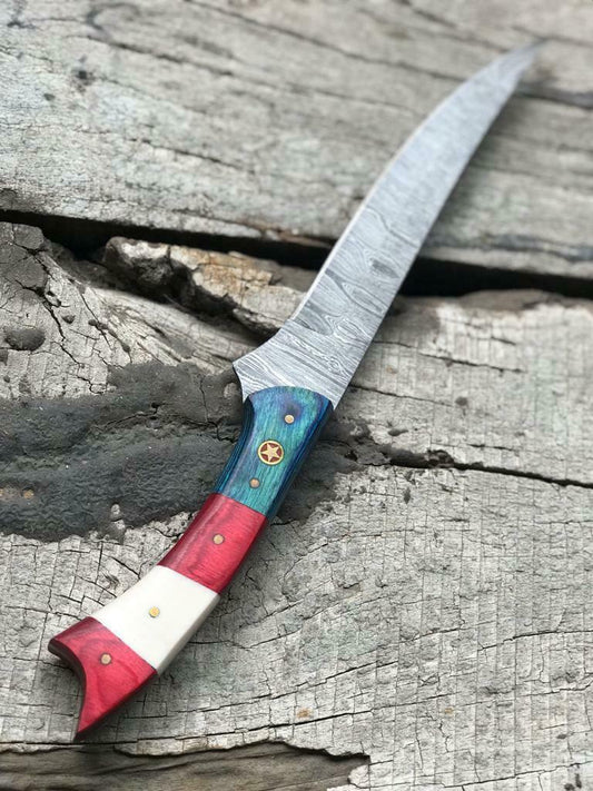 13" CUSTOM HANDMADE DAMASCUS STEEL FILLET KNIFE Damascus Fillet Knife With Sheath