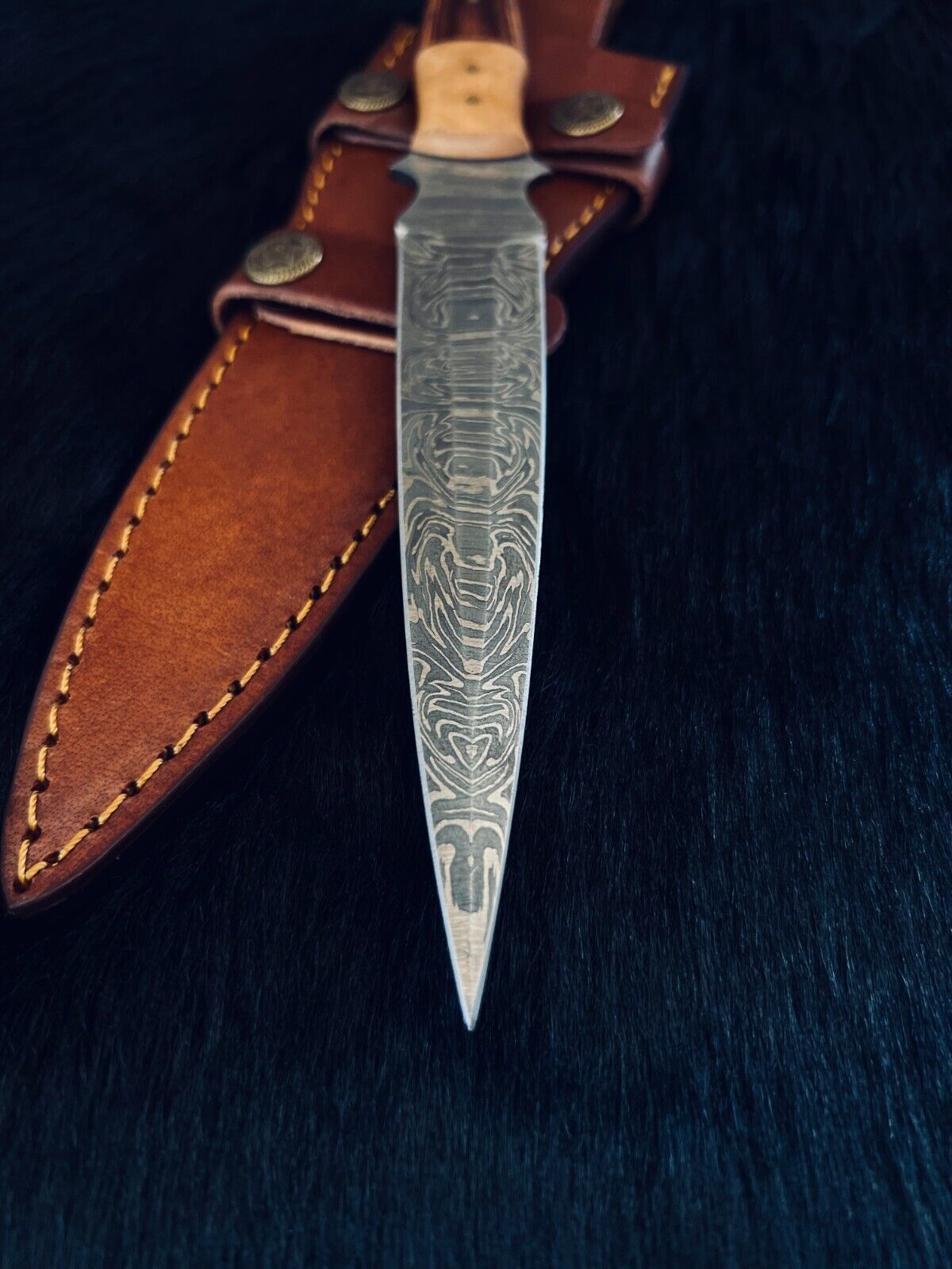 Heritage Forge 10.5 Inch Custom Handmade Fire Damascus Steel Dagger Knife with Camel Bone and Wood Handle